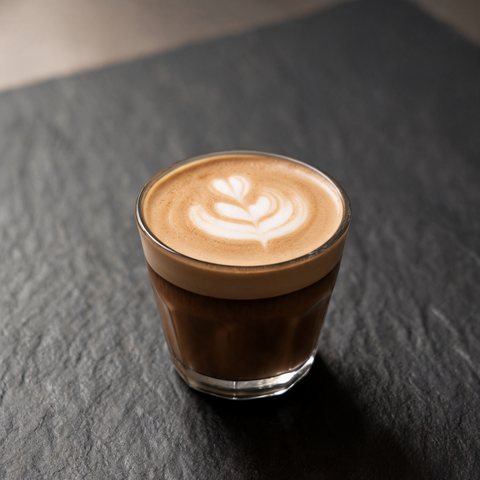 Cortado with latte art in a small glass