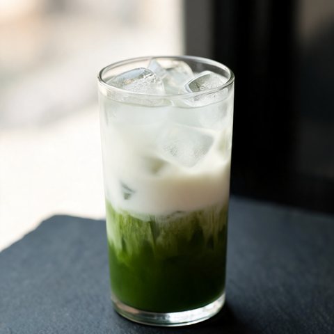 Iced matcha latte layered over milk
